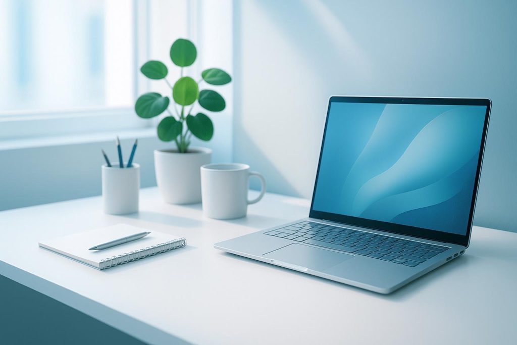Modern desk with a laptop symbolizing AI Agents integrating with scheduling software.