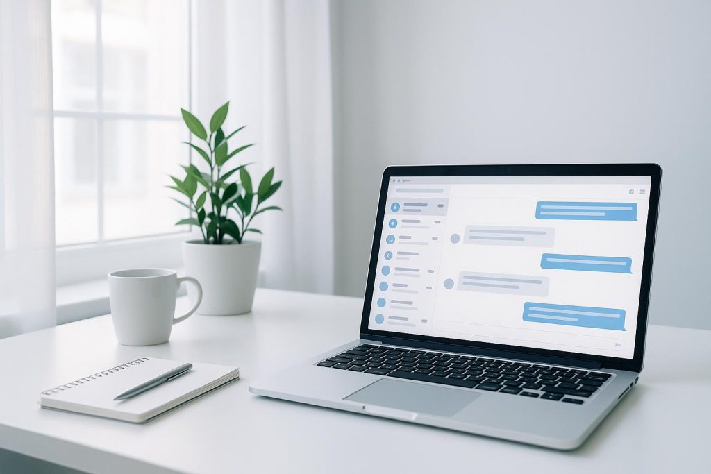 A laptop displaying AI chatbots managing a surge of online inquiries in a modern office setting.