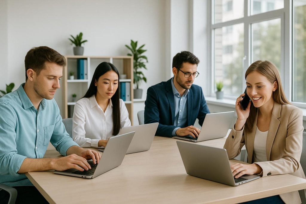 Professionals in a bright office each using devices, showing how an AI webchat can handle concurrent inquiries.