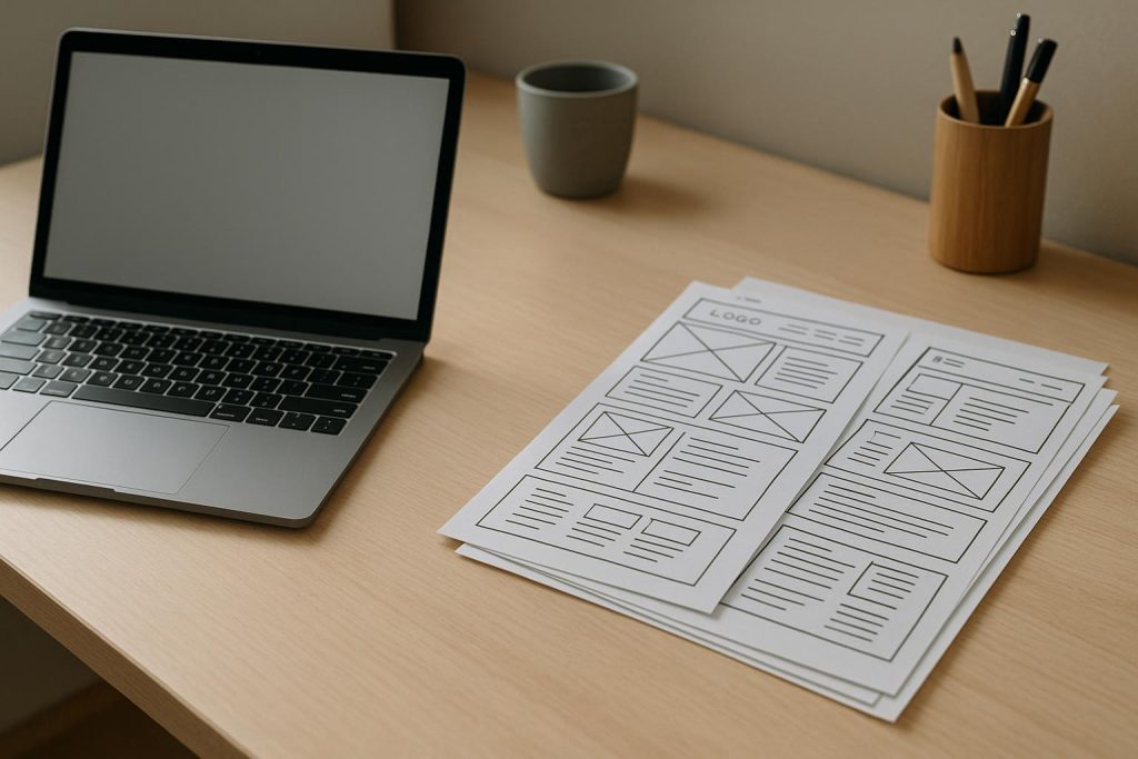 Stack of website wireframes on a desk, illustrating numerous website pages.