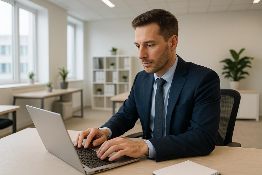 Person in bright modern office quickly responding to inquiries for improved response times.