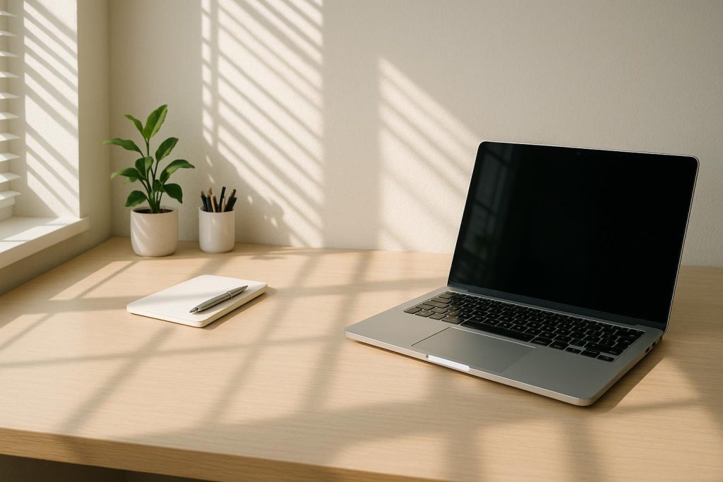 A laptop in a bright workspace showcasing Smart Website design and functionality.