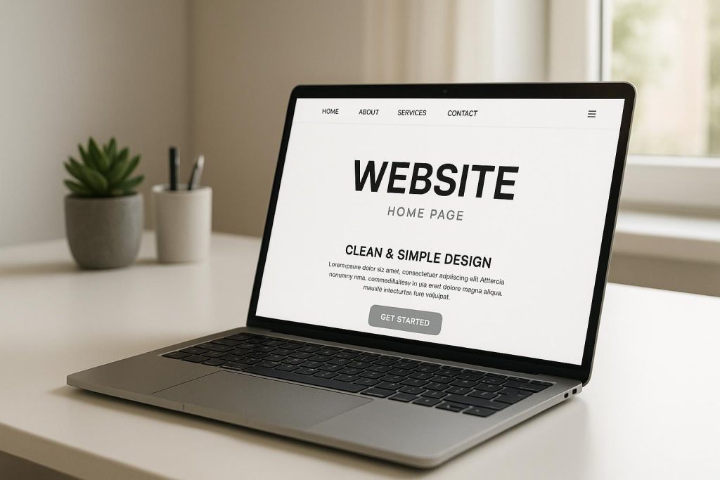 Minimalist smart website homepage on a laptop representing visitors’ first view.