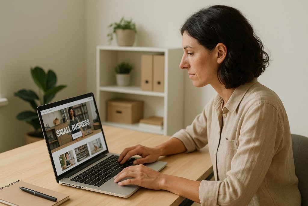 Small business owner examining websites to enhance customer service