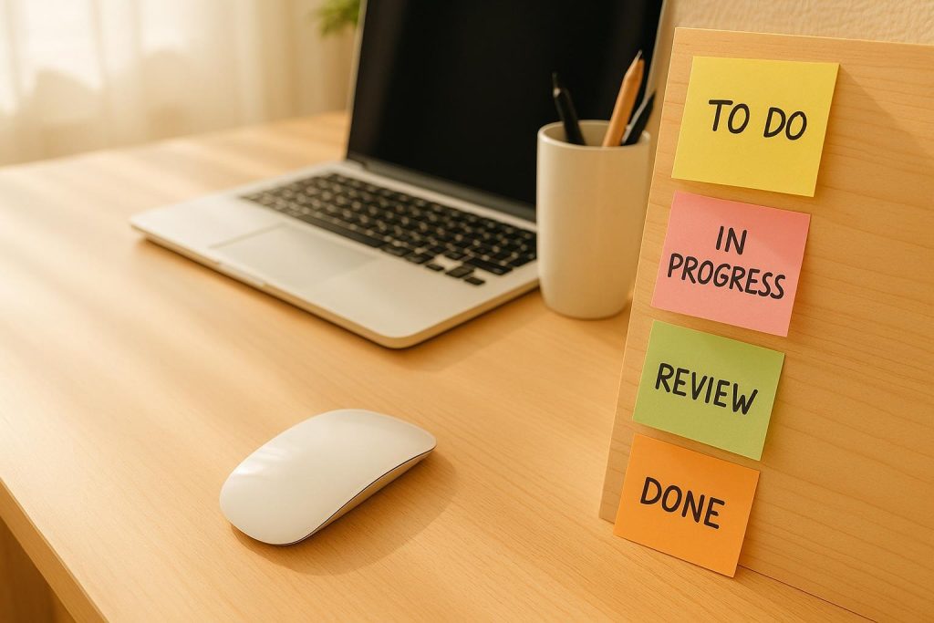 Color-coded sticky notes on a modern desk showing how AI employees can prioritize tasks.