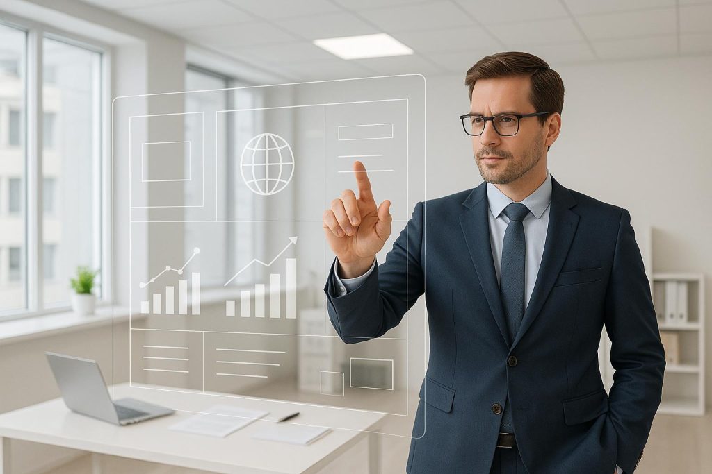 Business professional explores AI for lead qualification in a modern office.