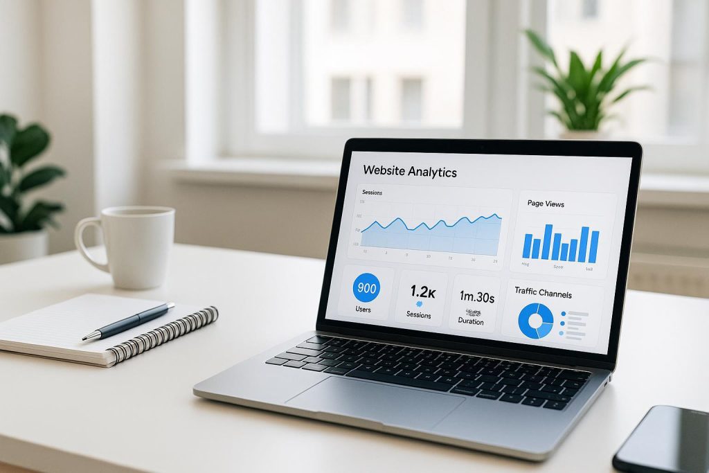 Laptop on modern desk showing analytics tracking a Smart Website’s performance over time.