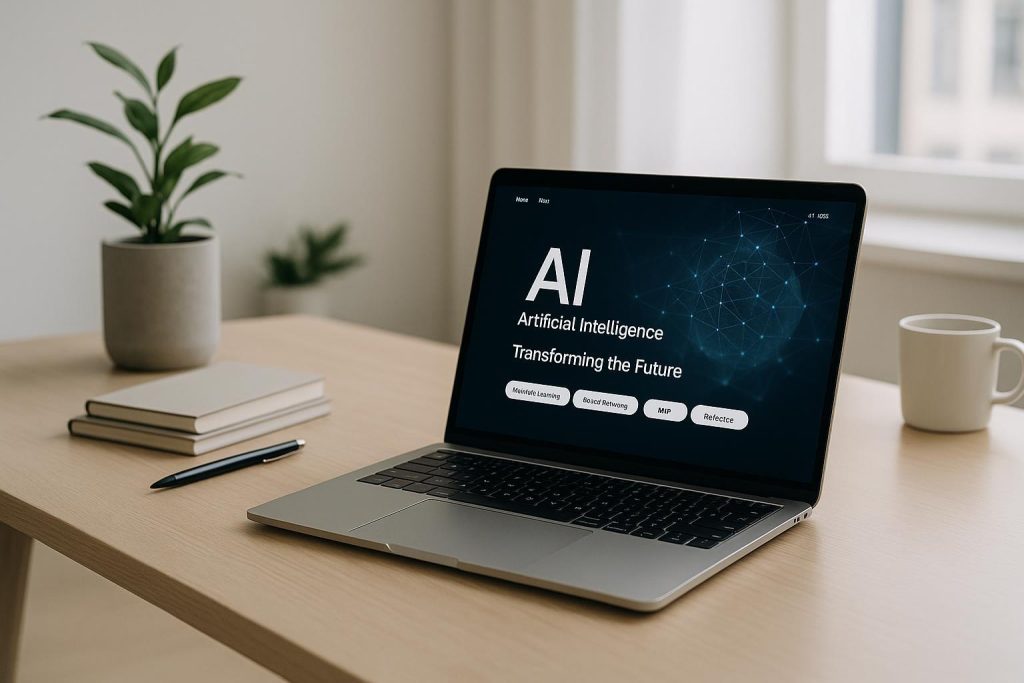 Person analyzing an AI website on a laptop in a bright, modern office.