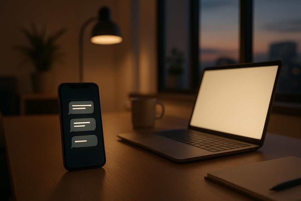 A nighttime office desk with phone messages, showing AI employees managing after-hours calls