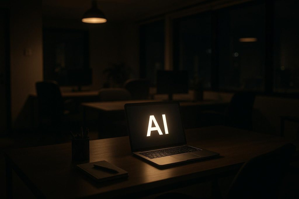 Nighttime office with a glowing laptop, symbolizing 24/7 AI staff availability.