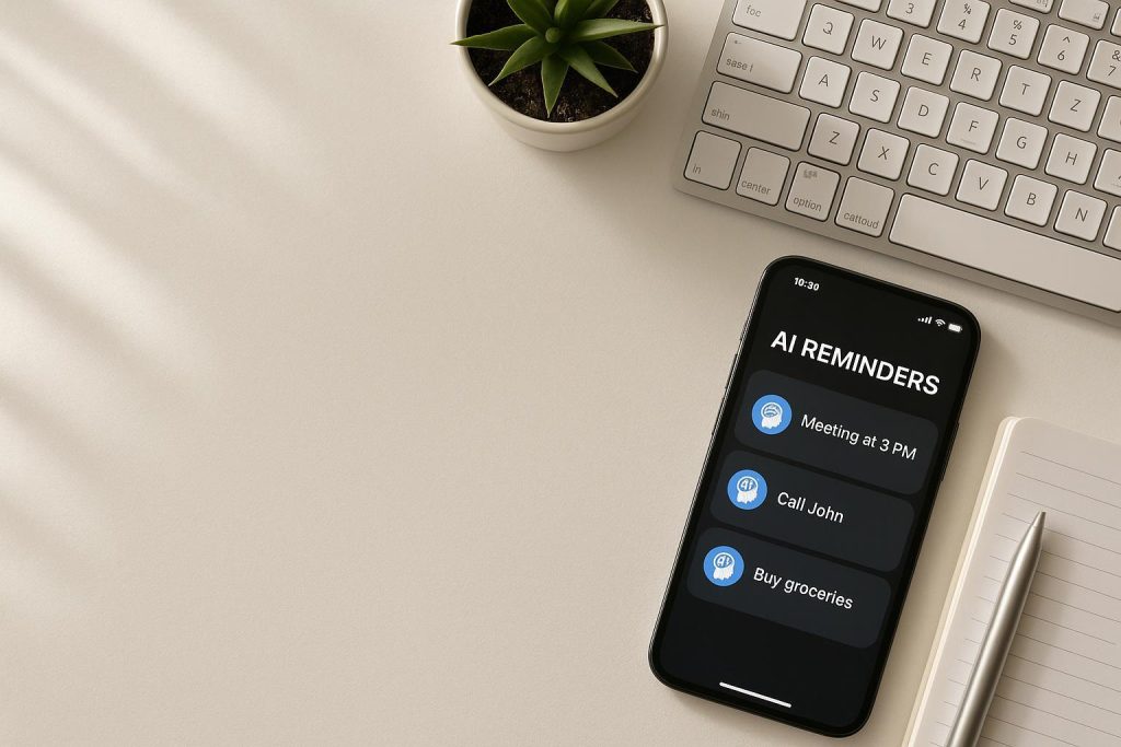 Modern desk with phone notifications from AI employees for follow-up tasks