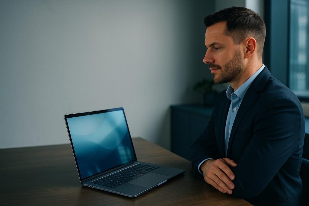 Business owner using AI for lead qualification at a modern workspace